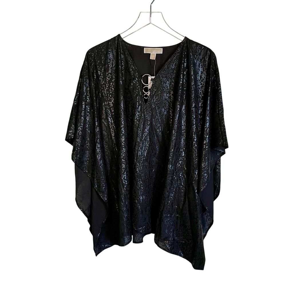 NWT Michael Kors Black Snake Textured Crepe Ring Flutter Sleeve Top Size L/XL